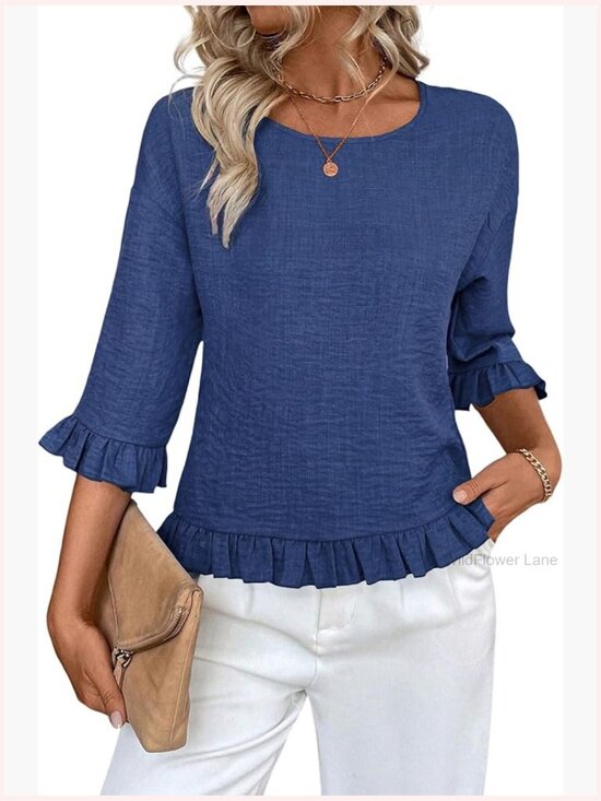Tops - Ruffle 3/4 Sleeve Linen Blend Blouse Crew Neck Drop Shoulder Dressy Casual